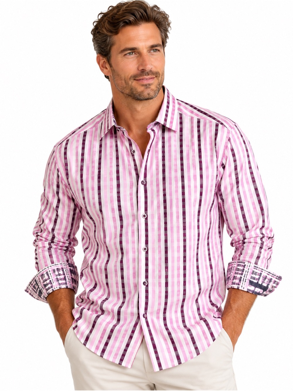 Robert Graham XL Pink Purple Striped Flip Cuff Button Down Geometric Designer